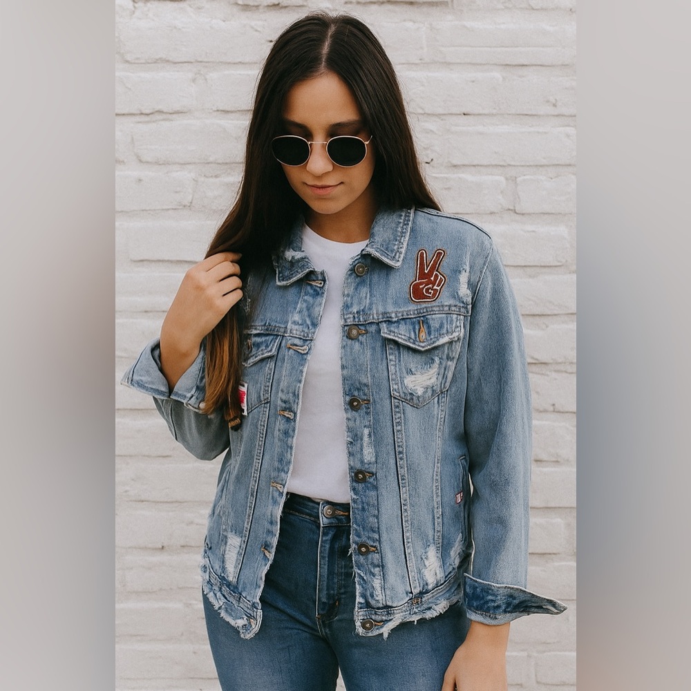1975 x Zara Distressed Denim Jacket with Patches, Size XLarge